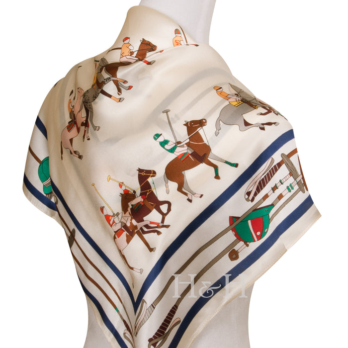 Polo Match Equestrian Silk Scarf - Cream