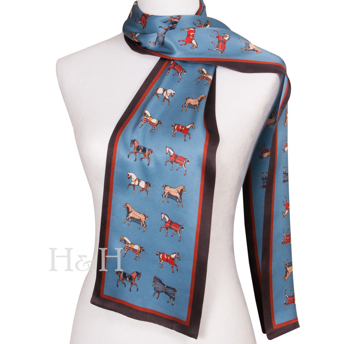 Blanketed Horses Long Silk Scarf - Blue