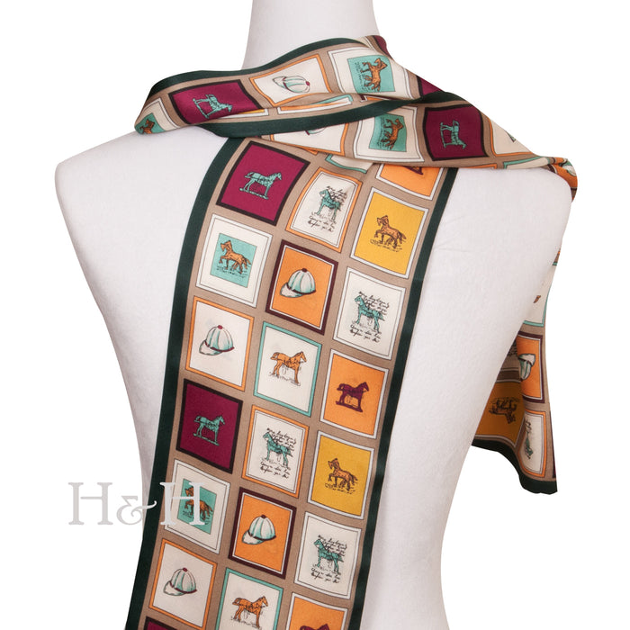 Equestrian Squares Long Silk Scarf – Taupe
