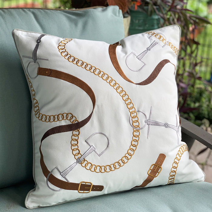 Equestrian Bridle Bits Pillow -White Embroidered Indoor Outdoor Accent Pillow