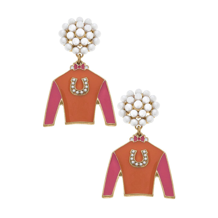 Riva Ridge Racing Silks Enamel Drop Earrings - Pink & Orange