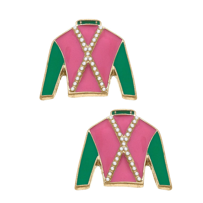 Justify Racing Silks Enamel Stud Earrings - Pink & Green