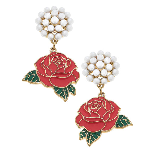 Derby Rose Enamel Drop Earrings with Pearl Cluster