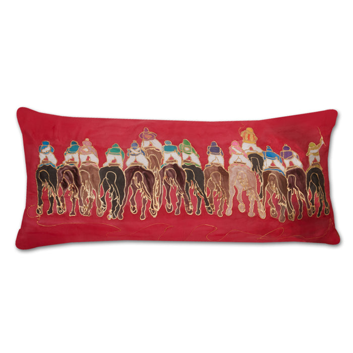 Full Field Horse Racing Lumbar Pillow, Hand-painted Silk