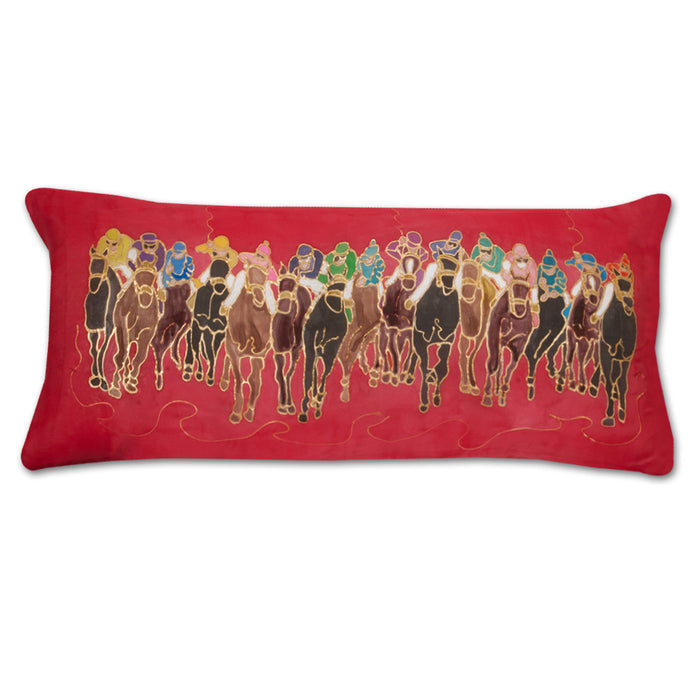 Full Field Horse Racing Lumbar Pillow, Hand-painted Silk