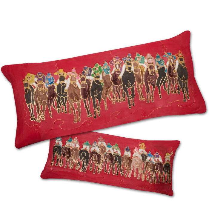 Full Field Horse Racing Lumbar Pillow, Hand-painted Silk