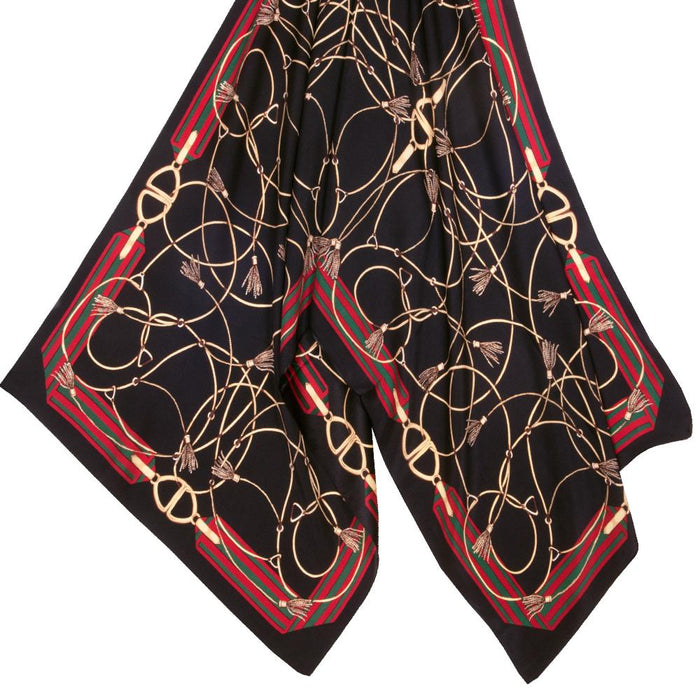 Gilded Stirrup and Tassels Silk Scarf - Black