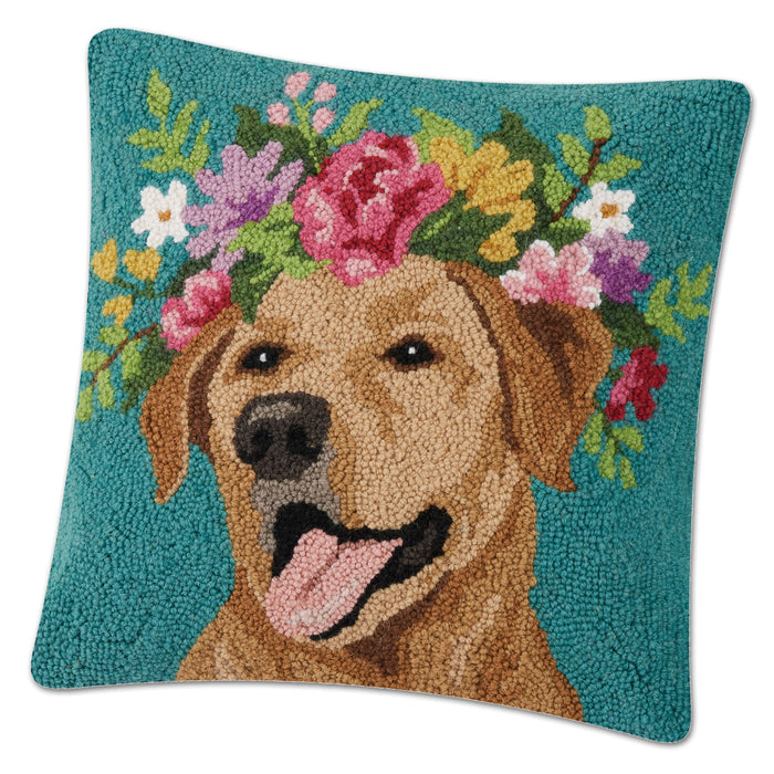 Blooming Yellow Labrador Hooked Dog Pillow