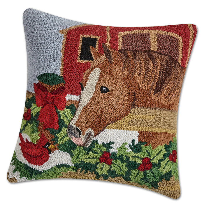 Holiday Chestnut Horse Hooked Pillow