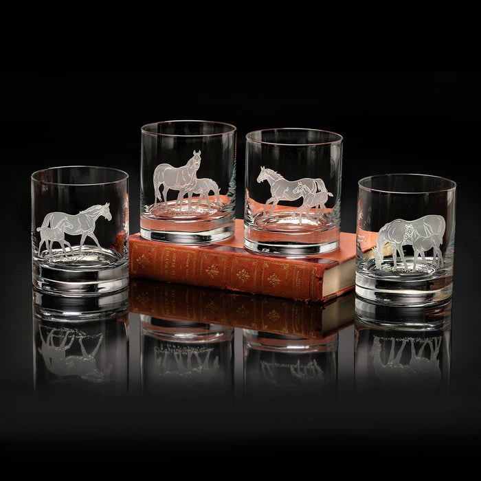 Bluegrass Horses Etched Crystal Rock Glasses (set of 4)