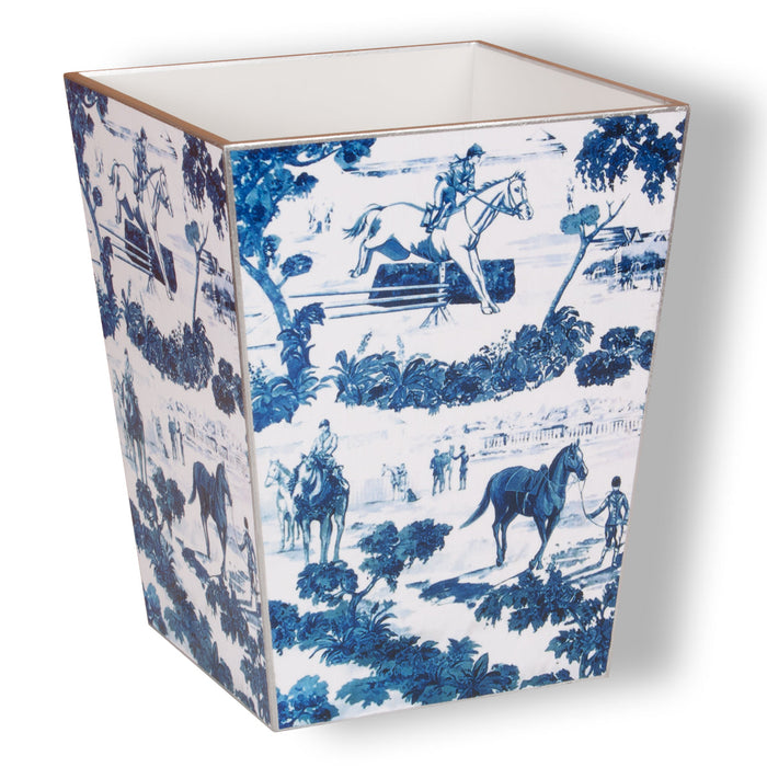 Equestrian Blue Toile Wood Waste Basket