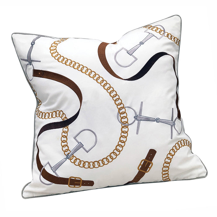 Equestrian Bridle Bits Pillow -White Embroidered Indoor Outdoor Accent Pillow