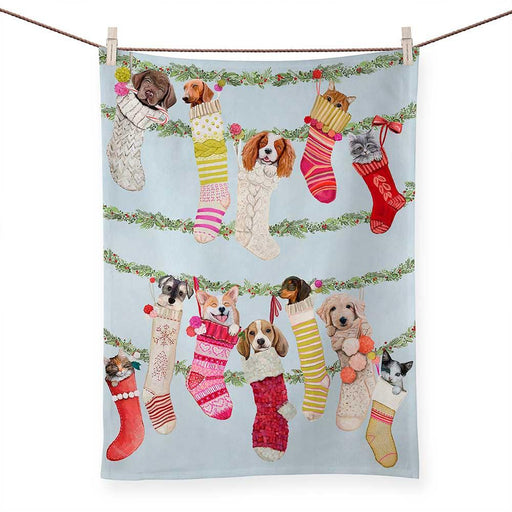 Puppies & Kittens Christmas Stocking Tea Towel