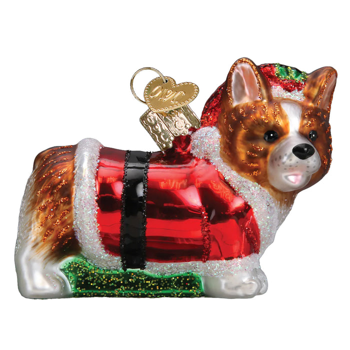 Corgi Santa Puppy Glass Christmas Ornament