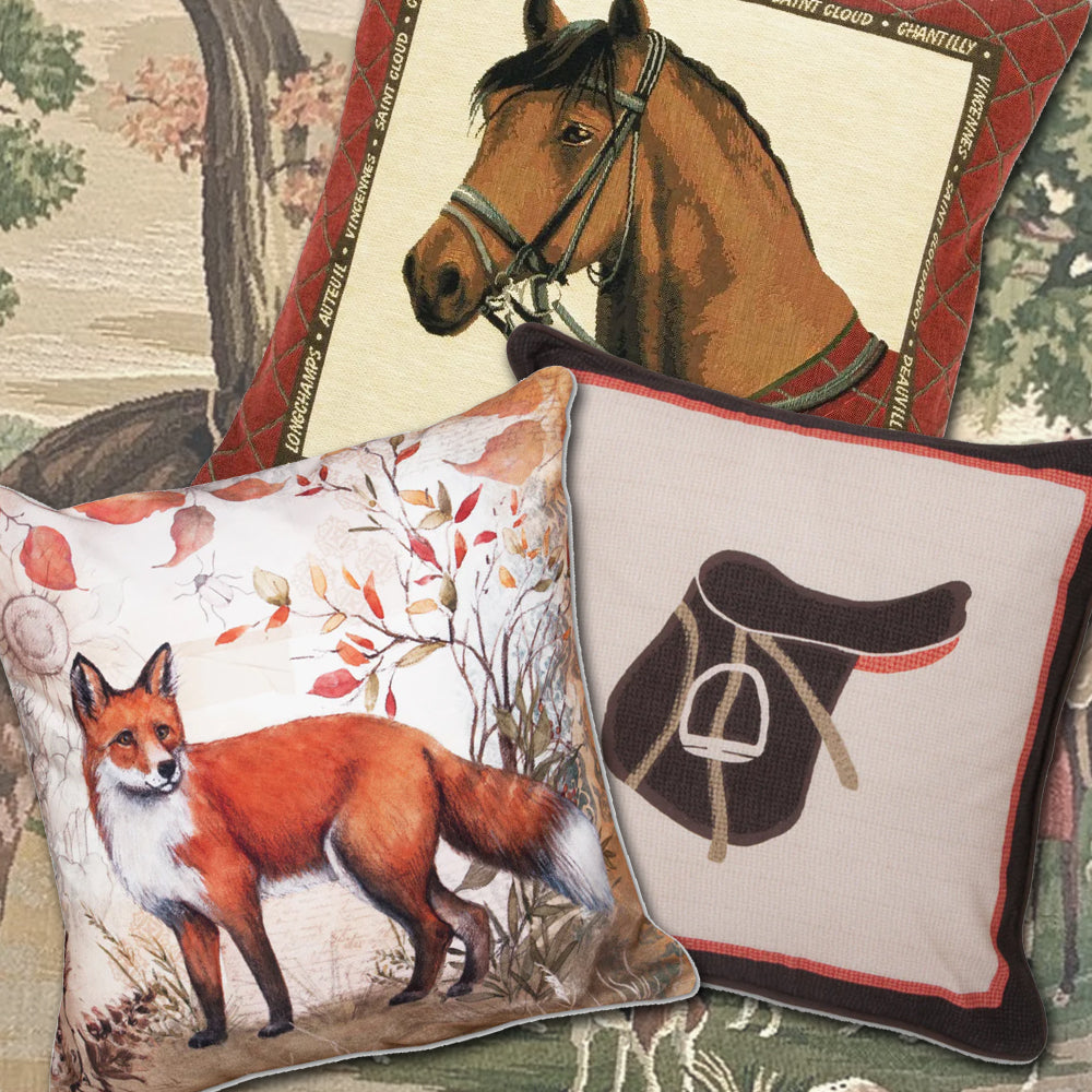 Accent Pillows - Beautiful collection of horse, fox and dog pillows. Tapestry, needlepoint and hooked.