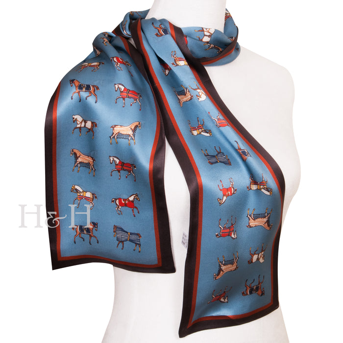 Blanketed Horses Long Silk Scarf - Blue