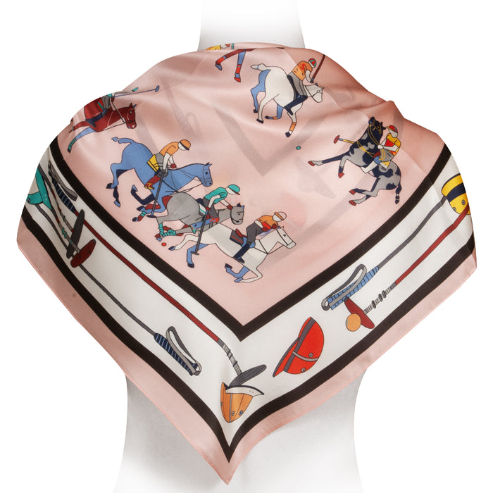 Polo Match Equestrian Silk Scarf - Pink 28"x28"