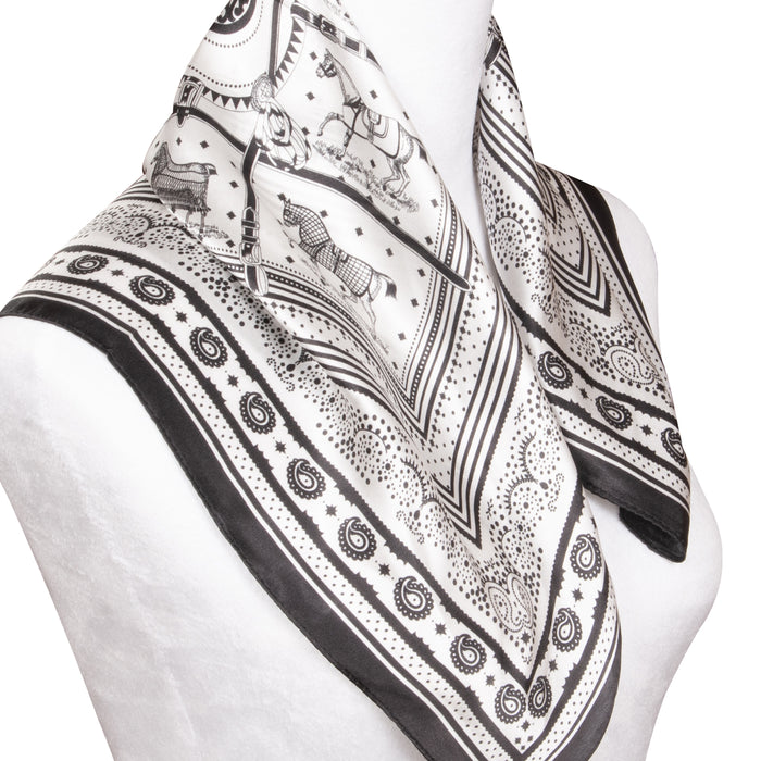 Equestrian Park Silk Neck Scarf - Black & White - 20"x20"
