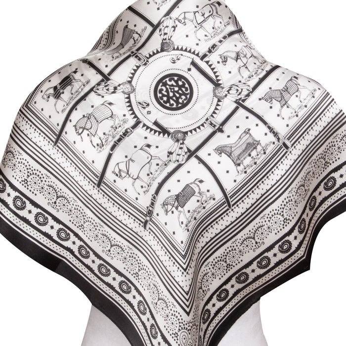 Equestrian Park Silk Neck Scarf - Black & White - 20"x20"