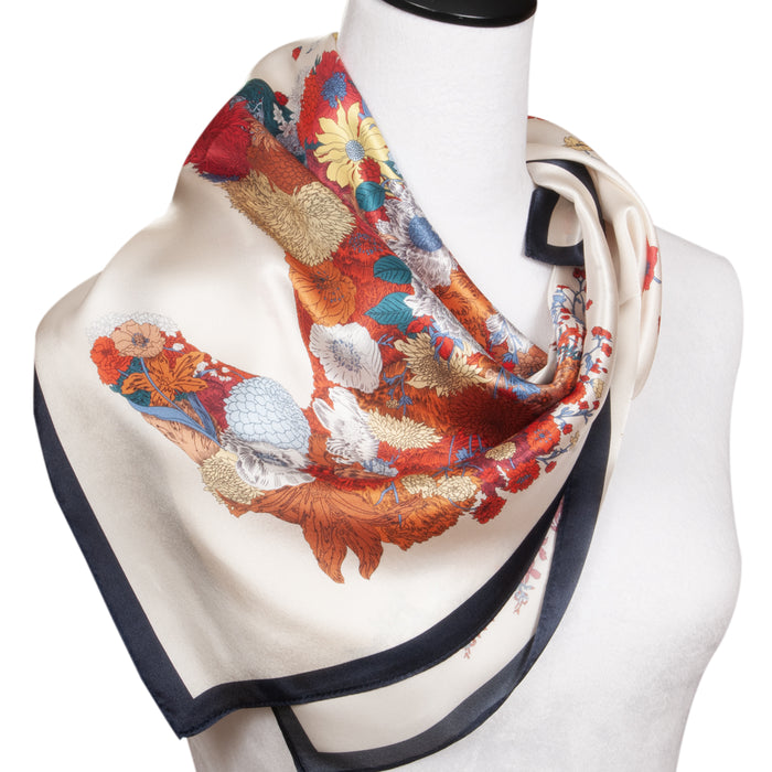 Equestrian Floral Silk Scarf - Cream -28" x 28"