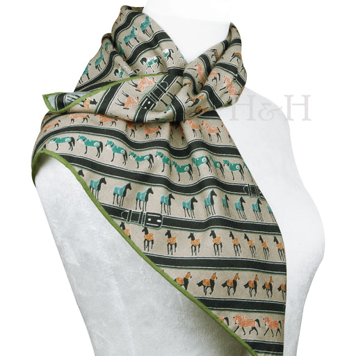 Equestrian Wool & Silk Scarf - Blanketed Horses Dark Olive