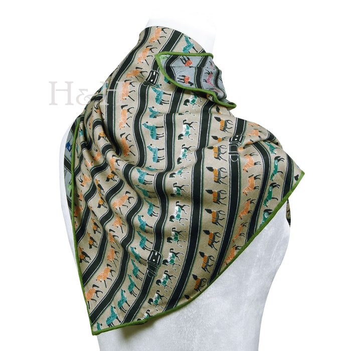 Equestrian Wool & Silk Scarf - Blanketed Horses Olive & Blue
