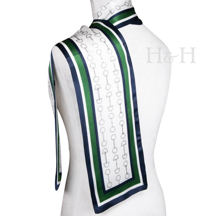 Equestrian Long Silk Scarf - Snaffle Bits - Green & Navy