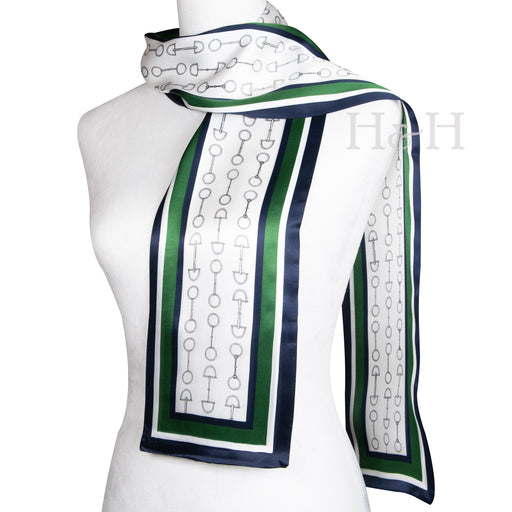 Equestrian Long Silk Scarf - Snaffle Bits - Green & Navy