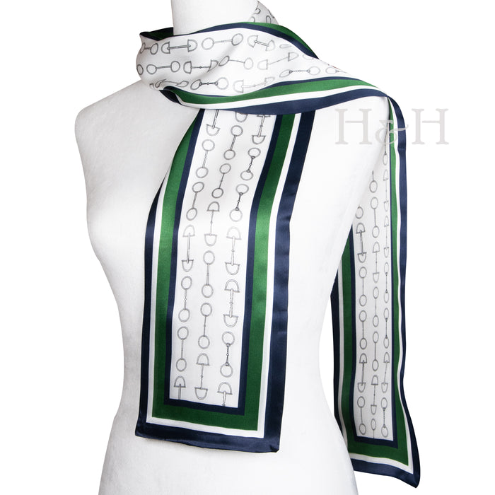 Equestrian Long Silk Scarf - Snaffle Bits - Green & Navy