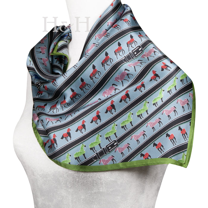 Equestrian Silk Scarf - Blanketed Horses Persian Blue & Green
