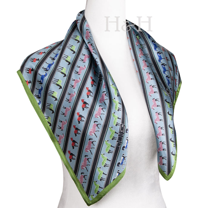Equestrian Silk Scarf - Blanketed Horses Persian Blue & Green