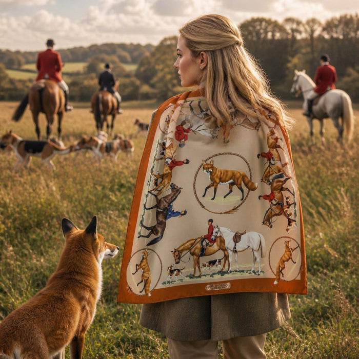 Outfoxed Equestrian Italian Silk Scarf by Julie Wear - Tan