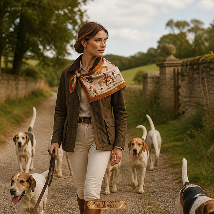 Outfoxed Equestrian Italian Silk Scarf by Julie Wear - Tan