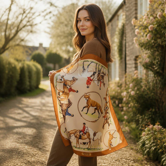 Outfoxed Equestrian Italian Silk Scarf by Julie Wear - Tan