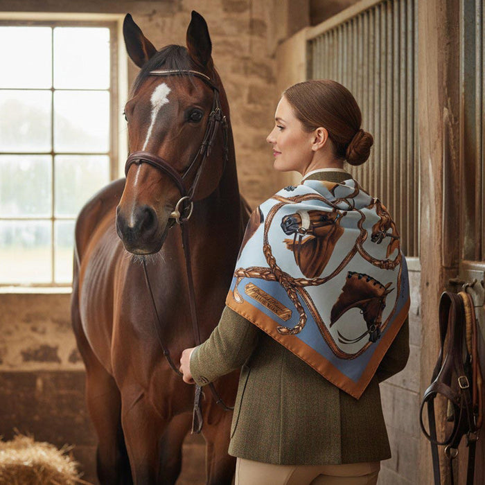 Bridled Horses Equestrian Italian Silk Scarf by Julie Wear - Blue