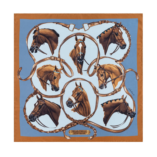 Bridled Horses Equestrian Silk Scarf by Julie Wear - Blue