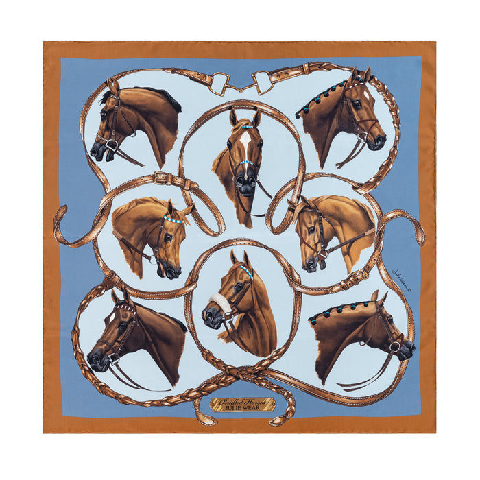 Bridled Horses Equestrian Silk Scarf by Julie Wear - Blue
