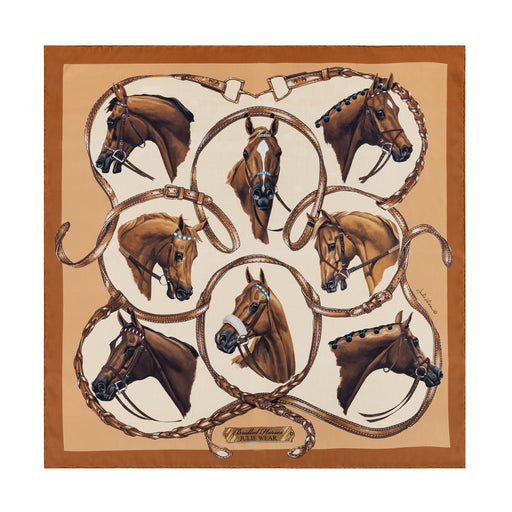 Bridled Horses Equestrian Silk Scarf by Julie Wear - Gold