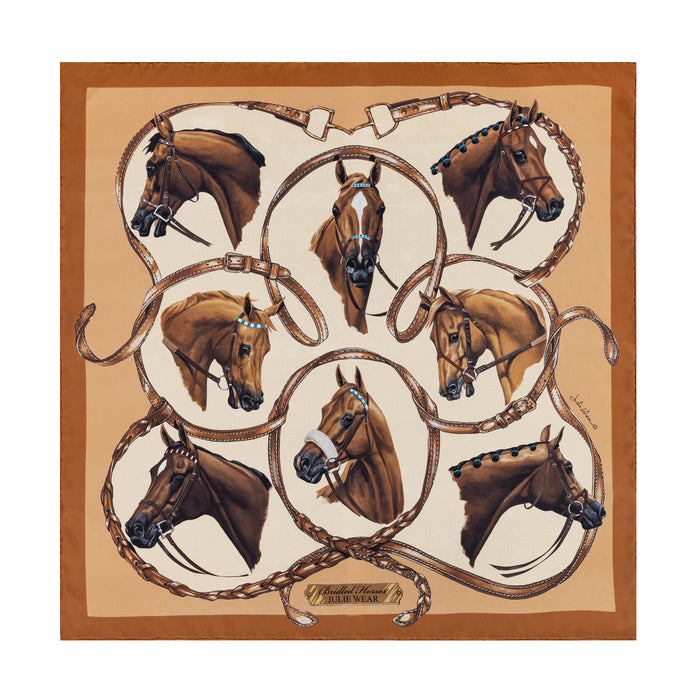 Bridled Horses Equestrian Silk Scarf by Julie Wear - Gold