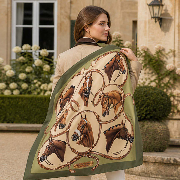 Bridled Horses Equestrian Italian Silk Scarf by Julie Wear - Green