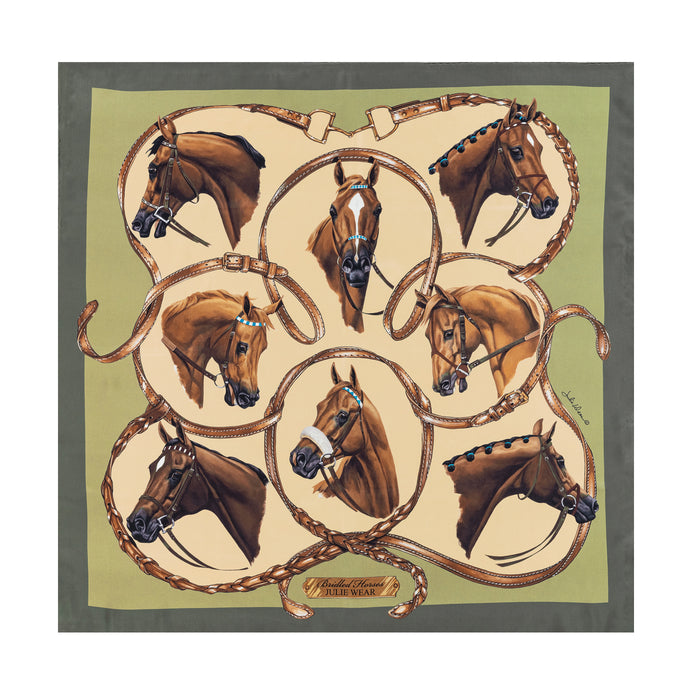 Bridled Horses Equestrian Silk Scarf by Julie Wear - Green