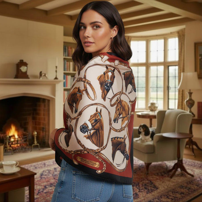 Bridled Horses Equestrian Italian Silk Scarf by Julie Wear - Brick Red