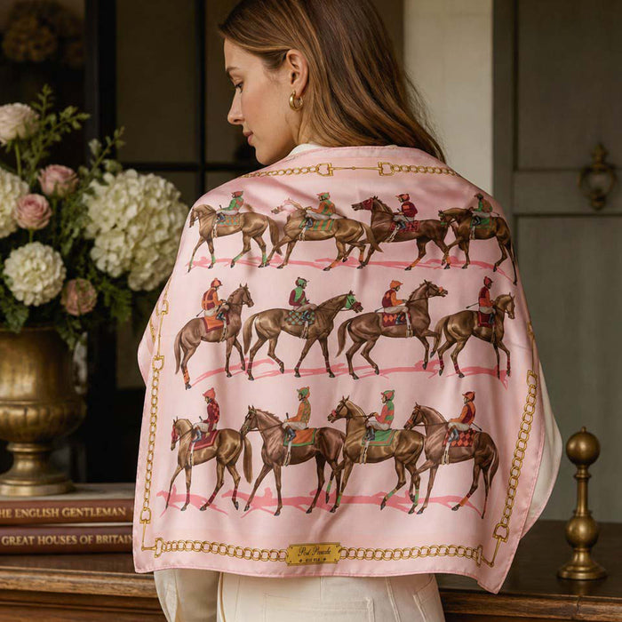 Post Parade Horse Racing Fine Italian Silk Scarf by Julie Wear - Pink
