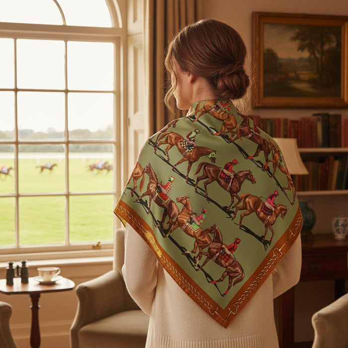 Post Parade Horse Racing Italian Silk Scarf by Julie Wear - Sage Green