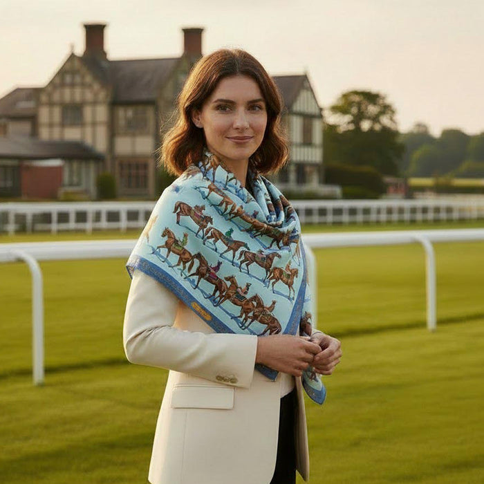 Post Parade Horse Racing Italian Silk Scarf by Julie Wear - Blue