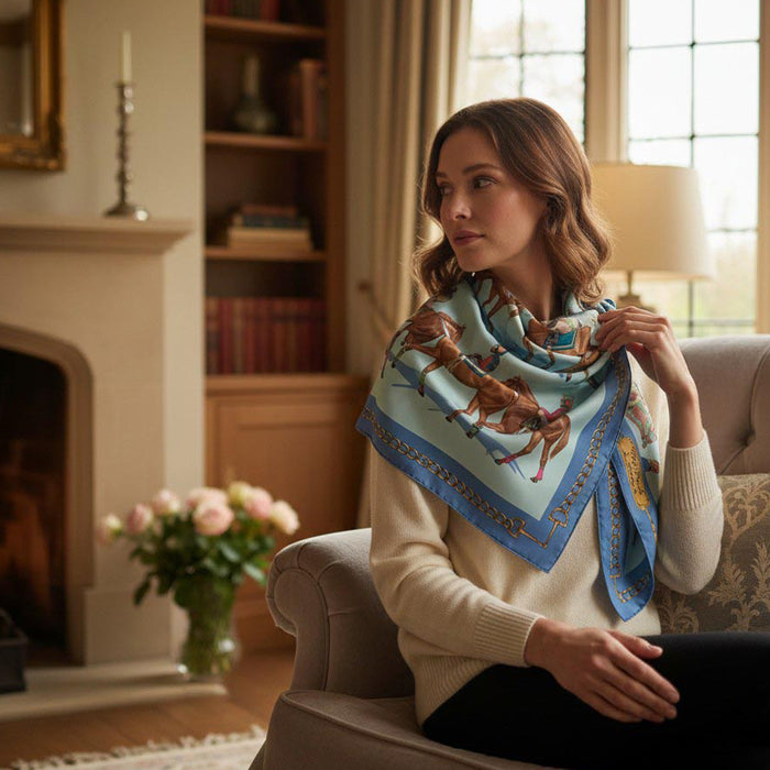Post Parade Horse Racing Italian Silk Scarf by Julie Wear - Blue