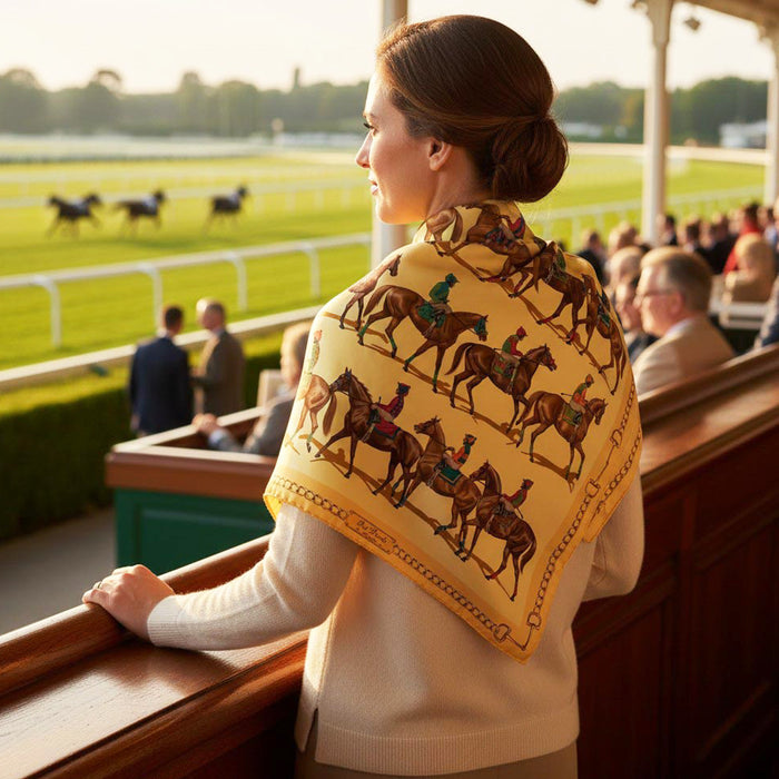 Post Parade Horse Racing Silk Scarf by Julie Wear - Yellow