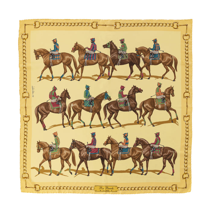 Post Parade Horse Racing Italian Silk Scarf by Julie Wear - Yellow