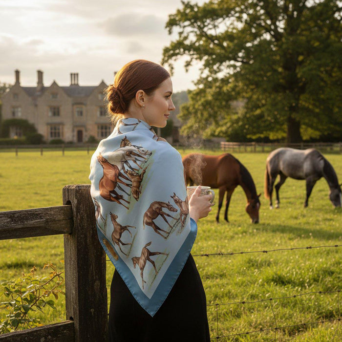 Bluegrass Equestrian Italian Silk Scarf by Julie Wear - Blue