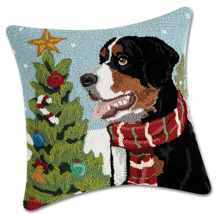 Holiday Bernese Mountain Dog Hooked Pillow